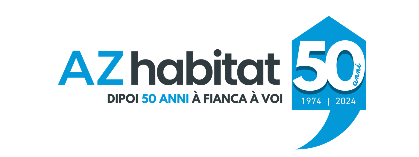 Logo des 50 ans d'AZ Habitat, avec la mention corse « Dipoi 50 anni à fianca à voi »