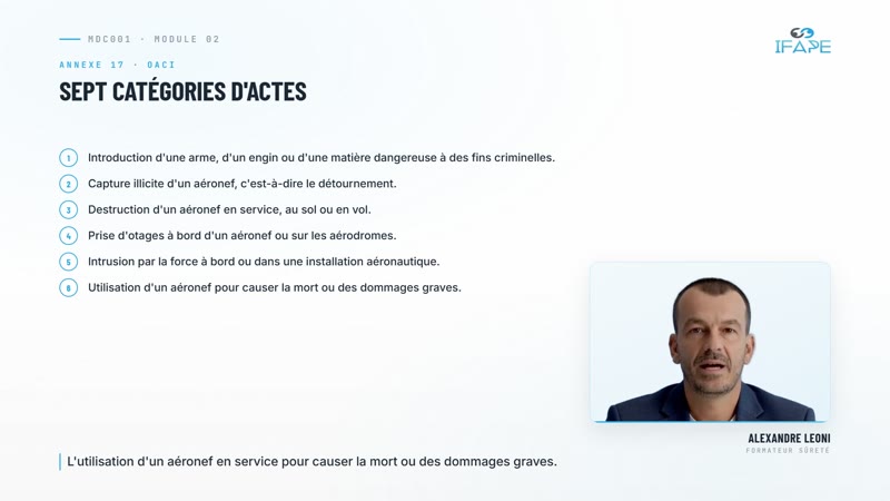Module MDC001 : sept catégories d'actes d'intervention illicite, définition Annexe 17 OACI