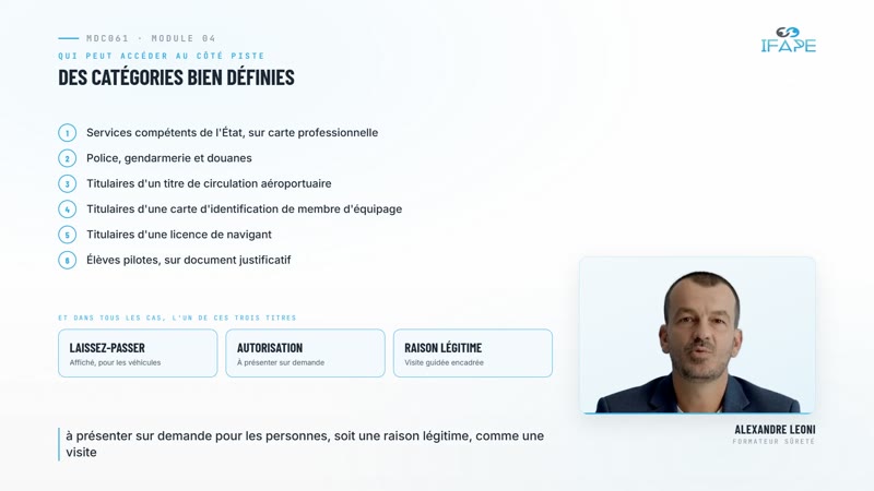 Module MDC061 : catégories de personnes autorisées à accéder au côté piste